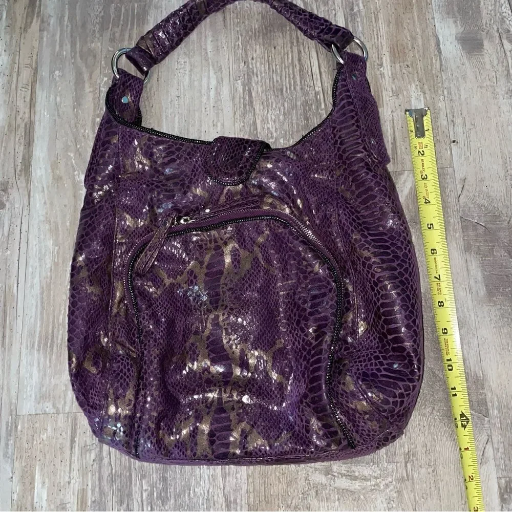 MARK bag by Avon snakeskin purple metallic pattern twisted short drop handle EUC